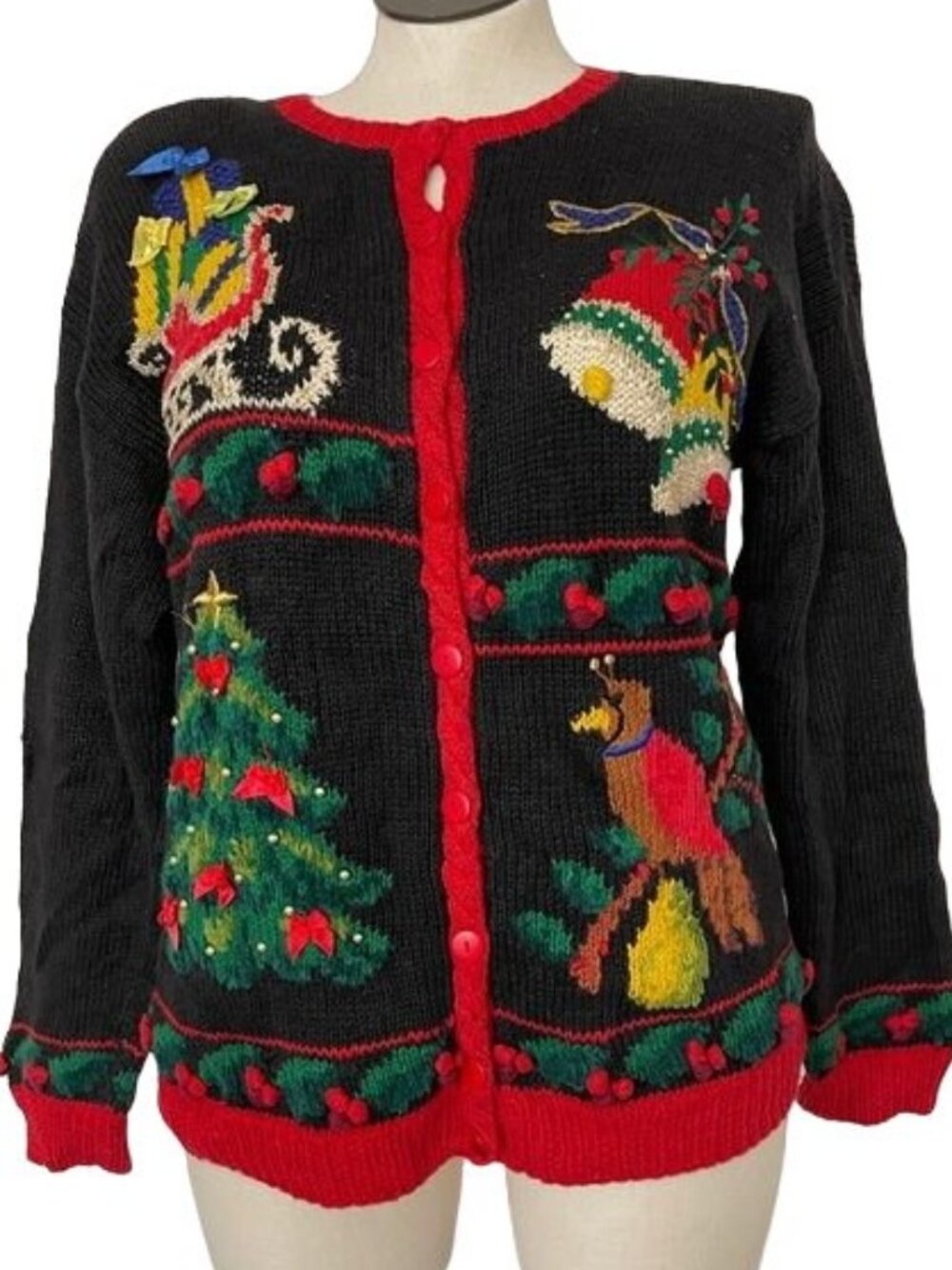 Marisa Christina Cardigan Christmas Tree Black Sweater Holiday Party Sz Large